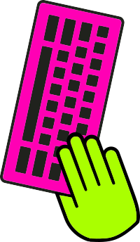 Teclado rosa sujeto por una mano verde.